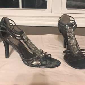 Bejeweled Pewter Metallic Strappy Sandals